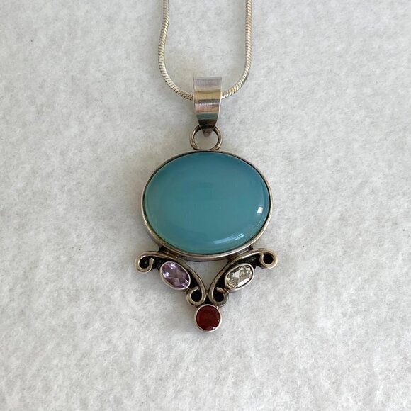 Sterling Silver 925 Chalcedony Amethyst Garnet Iolite Pendant Necklace 20" Chain - Picture 11 of 16